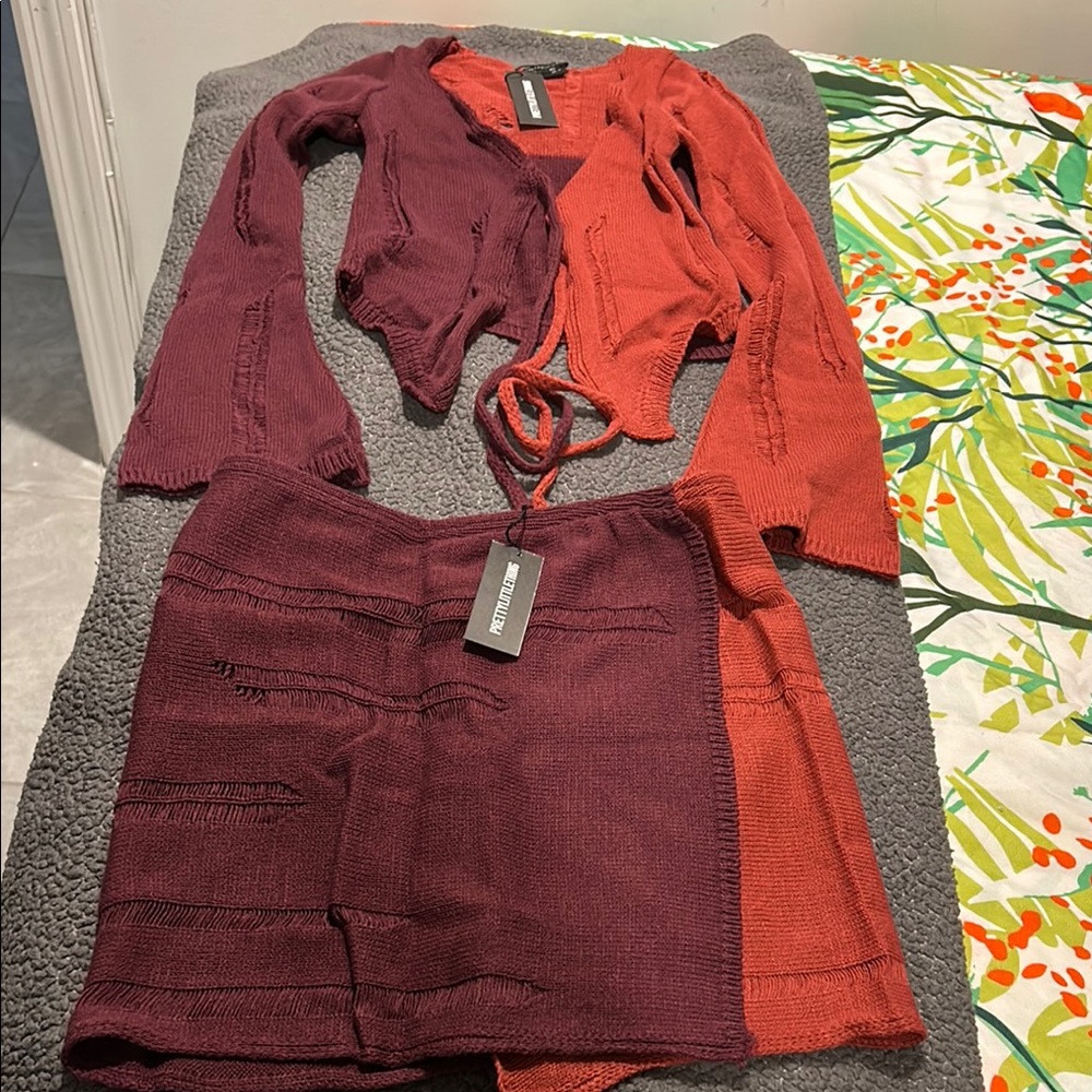 Stylish Knit Cardigan and Skirt Set in Burgundy and Rust